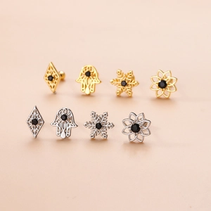 Orecchini vintage in acciaio inossidabile con motivi a fiore e mano di Hamsa, oro e argento