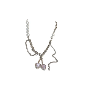 Pink heart pendants on a half-pearl half-silver chain necklace for stylish women