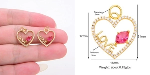 Detailed technical diagram showing dimensions of heart-shaped charm with LOVE engraving