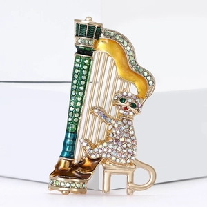 Creative harp cat brooch featuring gold alloy with colorful enamel and sparkling rhinestones