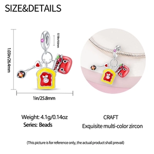 Detailed breakfast theme charm showing toast, jam jar, and spoon sizes on a bracelet