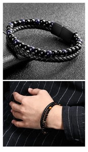 Detail of woven leather cord and natural volcanic stone beads with magnetic clasp