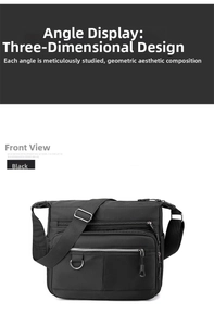 Front view of black multi-pocket commuter shoulder bag showing zippers and waterproof fabric