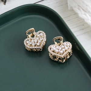 Heart Mini Hair Claw Clips Gold Alloy Rhinestone Faux Artificial Pearl Korean Style Fashion Hair Accessories For Women