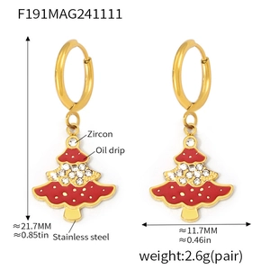 Detailed dimensions of stainless steel Christmas tree earrings with red enamel and zircons