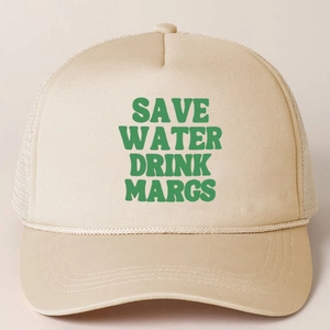 Detail of sponge mesh trucker hat with SAVE WATER DRINK MARGS print in green font