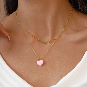 Double Layer Necklace Gold Plated Copper Pink Enamel Heart Multicolored Petal Charms Zircon Sweet Elegant Jewelry Women