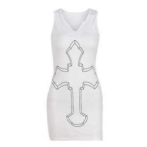 Close-up of ribbed white knit dress featuring a bold black cross pattern design