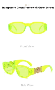 Front and side view of translucent green sunglasses with ornate golden temple accents