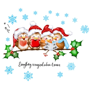 Cartoon Christmas birds on holly branch wall sticker with snowflakes and festive quote