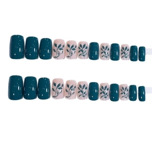 Set di 24 unghie finte verde scuro con decorazioni a foglia rosa chiaro lucide