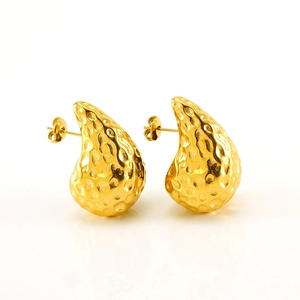Minimalist 18K gold plated stainless steel teardrop earrings with hammered texture finish