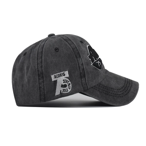 Washed charcoal cotton baseball cap with 3D embroidery showing 75 and Always letters