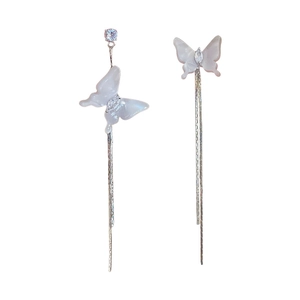 Elegant silver tassel earrings with white resin butterflies and sparkling cubic zirconia