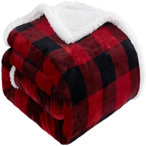 Double-layered red and black checkered flannel blanket with thick white sherpa fleece lining