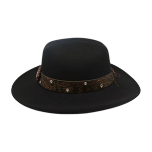 Close-up of black felt fedora hat featuring a brown embossed band with rhinestones
