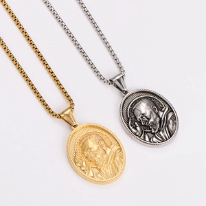 Gold and silver oval religious portrait pendant necklaces with box chain on white base