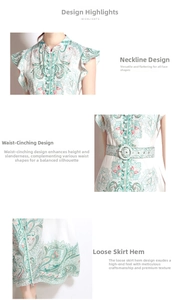 Detail shots of paisley print dress showing mandarin collar, belt, and wavy hemline