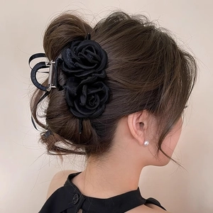 French Vintage Black Rose Hair Claw Clip Large Satin Fabric Double Flower Elegant Shark Clip For Women
