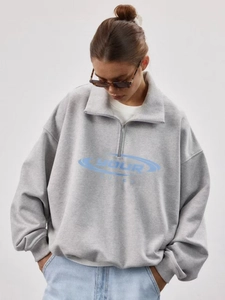 Women Cotton Sweatshirt Half Zip Stand Collar Long Sleeve Loose Your Rules Letter Print Streetwear Casual Grey