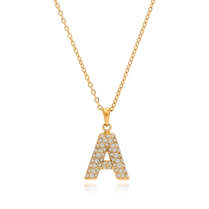 Golden letter A pendant necklace with sparkling rhinestones on a fine gold chain