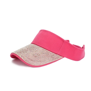 Detailed side view of rose red sun visor with colorful rhinestones and breathable fabric