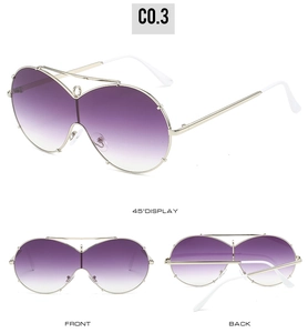 Three-way view of purple gradient oversized sunglasses with gold metal frames and C0.3 mark