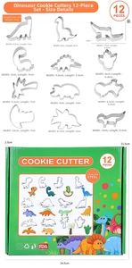 Size chart showing 12 piece dinosaur cookie cutter set with dimensions and packaging box