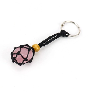 Pink crystal stone in black woven mesh net keychain with wood bead and metal ring
