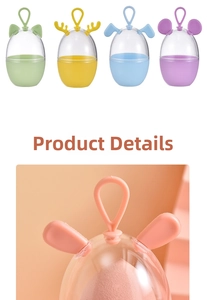 Macro detail of portable egg-shaped makeup sponge cases with cute animal ear designs