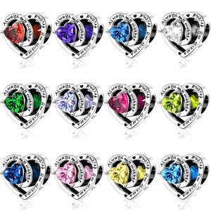 Heart Charm Bead S925 Sterling Silver Engraved Always My Mother Forever My Friend Birthstone DIY Jewelry Making Gift