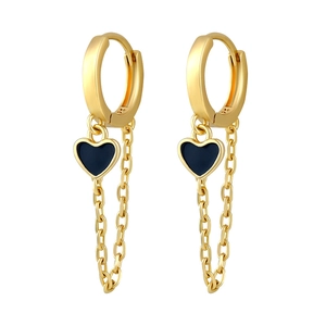 Macro view of S925 silver stamp on gold heart drop earrings with black enamel detail