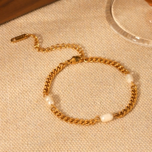 18K gold plated stainless steel Cuban chain bracelet with three white freshwater pearls
