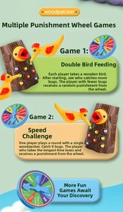 Detail of woodpecker feeding game with colorful worms and two game rule penalty wheels
