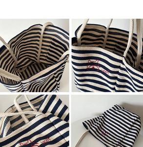 Collage showing interior, embroidery detail and striped canvas tote with rope handles