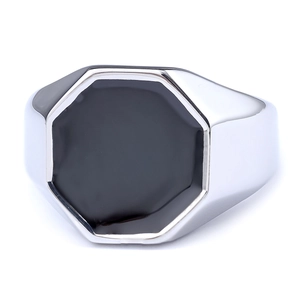 Men's silver stainless steel signet ring with a minimalist black octagonal flat face inlay