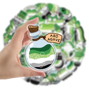 Close-up of a clear PET potion bottle sticker with green and grey stripes for DIY decor