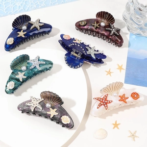 Ocean Shell Starfish Hair Claw Clip Acrylic Resin Glitter With Faux Artificial Pearl Rhinestone Non-Slip Mermaid Hair Accessories