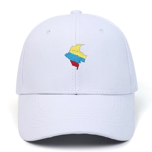 White baseball cap with colorful Colombia map embroidery on front in a clean studio shot