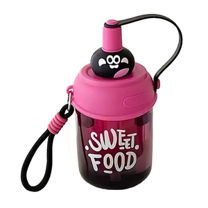 Cute pink and purple plastic water bottle with straw and portable strap for students
