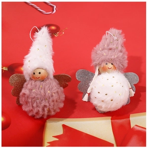 Detail of plush angel Christmas tree ornaments in pink and white with golden sequins