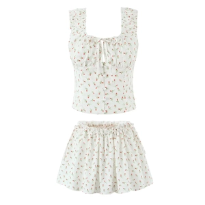 Baumwolle Floral Rüschen Ärmellos Eckiger Ausschnitt Crop Top Und Minirock Sommer Süße Western Style Outfits Für Damen