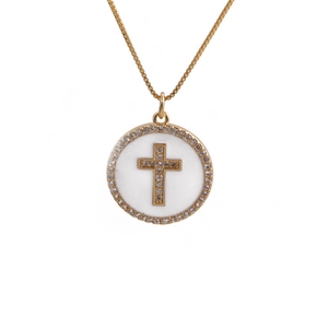 Gold-plated necklace featuring a round white enamel pendant with a zircon cross charm