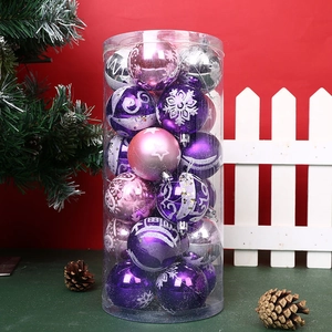 24-piece Christmas ball set in purple and pink displayed in a clear cylinder package