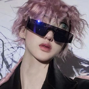 Futuristic frameless one-piece sports sunglasses with wrap-around black lenses for women