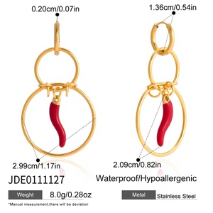 Detailed view of gold chili pendant earrings with ring diameter and weight dimensions