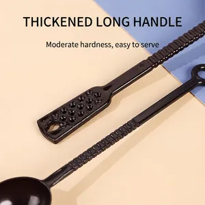 Thick long-handled black plastic measuring spoon and strainer set for coffee and powder