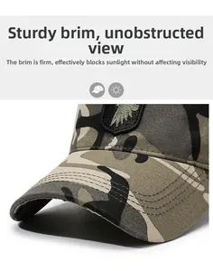 Macro shot of reinforced brim stitching on camouflage outdoor baseball cap for durability