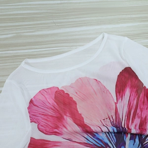 Close-up of white mesh dress featuring detailed pink floral patterns and crew neckline