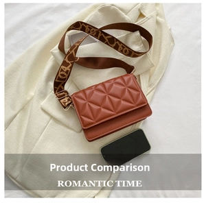 Detailed view of brown quilted crossbody bag with stylish patterned fabric strap